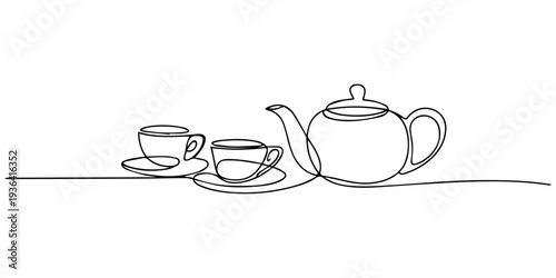 Tea Set with Floral continuous one line drawing, Minimalist Tea Set. Tea set with steam rising. Minimalistic one-line drawing of a tea set with rising steam, Teapot pouring tea on cup one continuous.