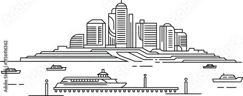 Waterfront island city skyline with ferry boats and pier architecture line art vector drawing