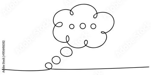 Thought Bubble with Three Dots for Thinking continuous line drawing, Simple line drawing of a speech bubble with three dots inside, Empty Thought Bubble Dots Indicating Speech or Idea. representing.