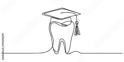 Tooth with Graduation Cap for Dental Education continuous one line drawing, dental logo with graduation cap continuous one line drawing, One line drawing of a teeth, Isolated Tooth with Graduation Cap