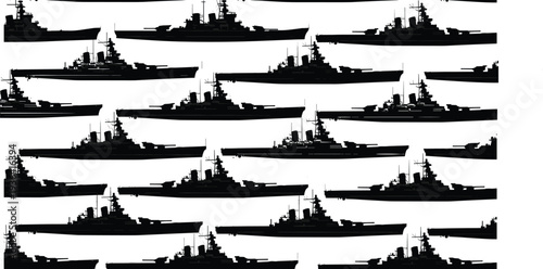 Set of black silhouettes of battleships and naval vessels in various positions isolated on white background for military and marine,