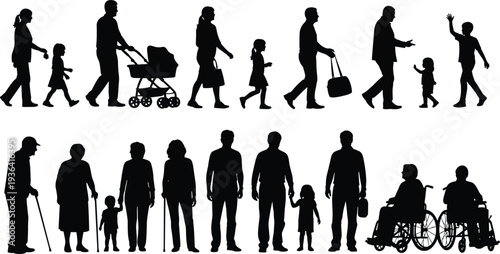 Set of black silhouettes of people of all ages including families, seniors, children, and wheelchair users isolated on white background,