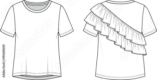 Women short sleeve shirt technical flat sketch vector illustration with front view and asymmetrical tiered diagonal ruffle back design template