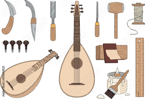 Luthier's workspace with traditional stringed instruments and various crafting tools on a clean surface