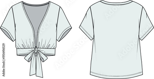 Women short sleeve cropped tie front blouse vector technical flat sketch fashion design template illustration front and back view isolated