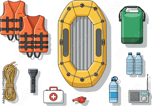 Emergency Rescue Equipment Collection for Water Safety and Survival on a White Background from a Top-Down Viewpoint