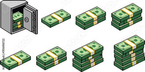 Vector illustrations of money stacks and safe with bundles of cash for finance, savings, banking, and economic design themes.