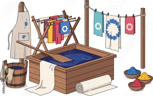 Traditional textile dyeing process with vibrant fabrics and colorful dyes in a rustic wooden setting
