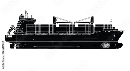 Detailed black and white silhouette of a large cargo ship at sea