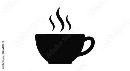 Simple black silhouette of a steaming hot cup likely coffee or tea