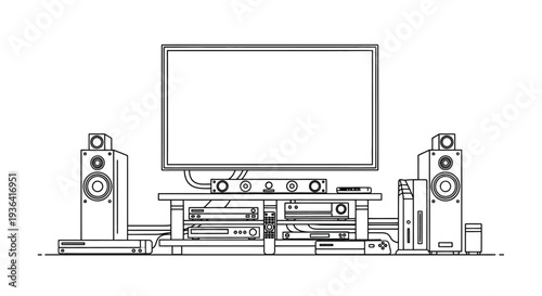 A linear illustration of a home theater system with a television and speakers