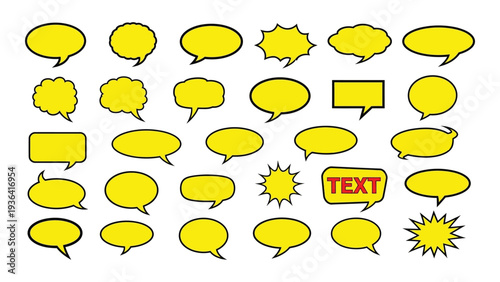 A collection of yellow cartoon speech bubbles on a white background