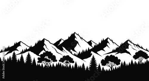 A striking black and white illustration of a mountainous landscape with trees
