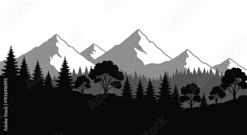 A silhouetted landscape featuring mountains trees and a dark forest