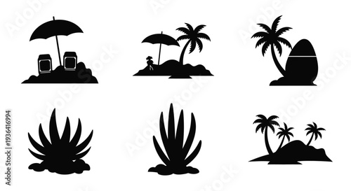 Black silhouette icons of tropical islands palm trees and beach elements