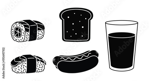 Black and white illustration of sushi bread drink and hotdog