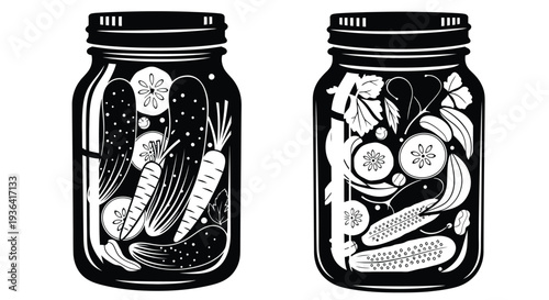Two mason jars filled with pickled vegetables in black and white