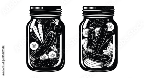Two mason jars filled with various pickled vegetables in black and white