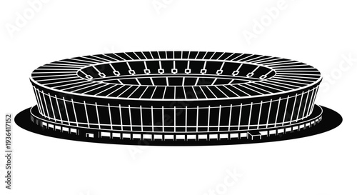Minimalist black and white illustration of a large oval stadium