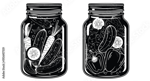 Two vintage mason jars filled with diverse pickled vegetables in black and white