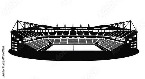 Black and white illustration of a large sports stadium with tiered seating