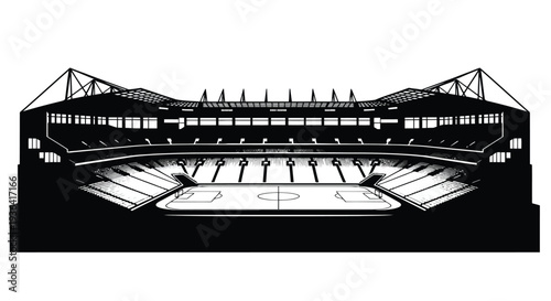 A striking black and white illustration of a modern stadium exterior
