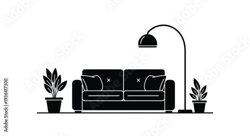 Minimalist black and white illustration of a living room setup