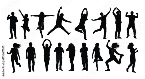 Silhouettes of people in various dynamic actions and poses
