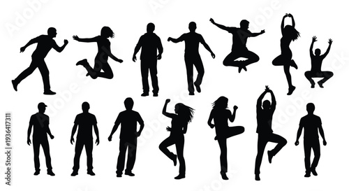Silhouettes of people in various dynamic and joyful poses