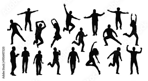 A collection of black silhouettes depicting people in various joyful poses