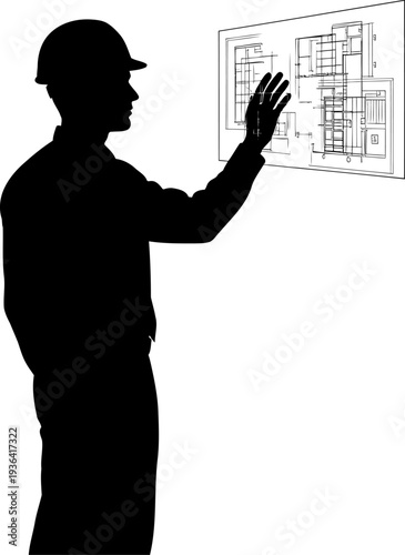 Architect silhouette examining a detailed floor plan blueprint on a wall