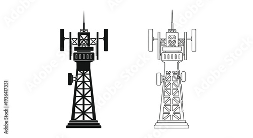 Oil derrick structure illustration in black and white side and front views