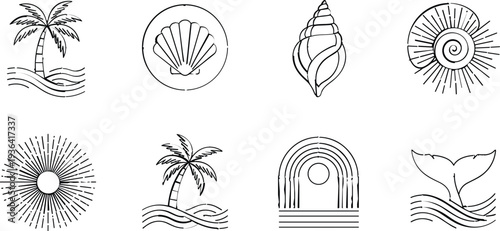 Minimal Beach and Ocean Line Icon Set with Palm Tree, Shell, Sun, Wave and Whale Tail Symbols