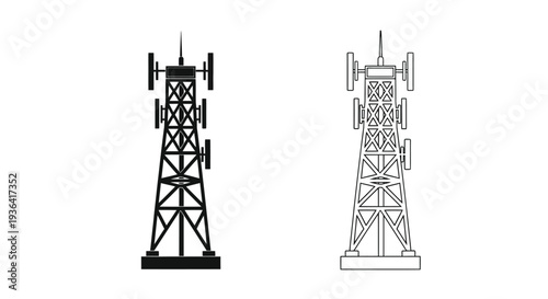 Two stylized depictions of cellular communication towers in black and white
