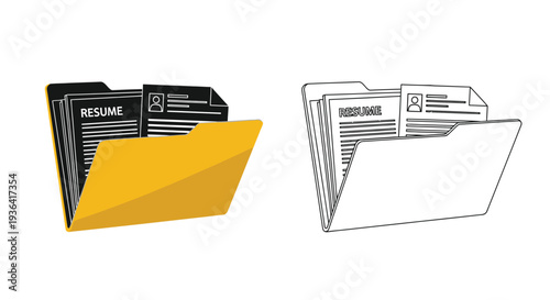 Two stylized illustrations of folders containing a resume document
