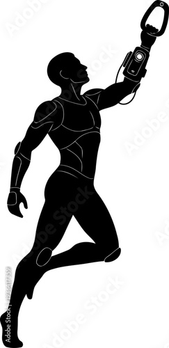 Astronaut in futuristic suit reaching for overhead handle