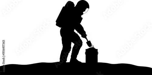 Astronaut silhouette digging soil on lunar surface with shovel