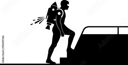Astronaut silhouette with a jetpack climbing stairs toward a spacecraft