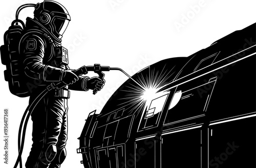 Astronaut performing welding repairs in space