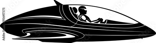 Astronaut piloting streamlined futuristic space vessel