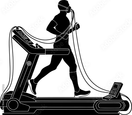 Athlete silhouette undergoing a vo2 max fitness test on a treadmill with a mask