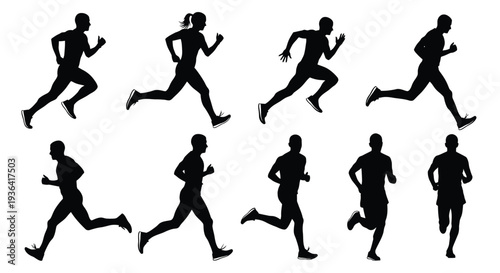 Silhouettes of diverse people running depicting motion and athleticism