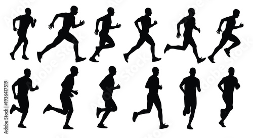 Silhouettes of runners in various dynamic poses against a white background