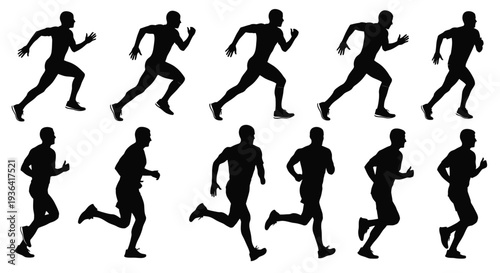 Silhouettes of running people in various dynamic poses