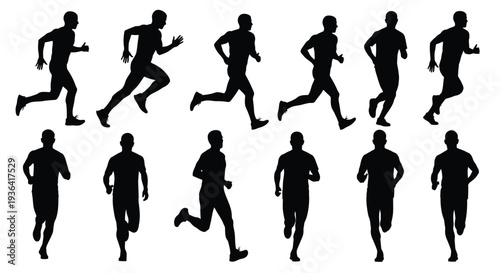 Silhouettes of runners in various dynamic poses against a white background