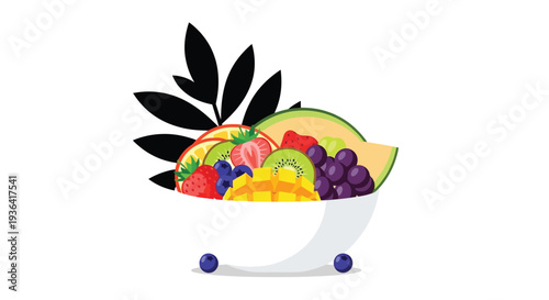 Colorful fruit assortment in a white bowl with scattered blueberries