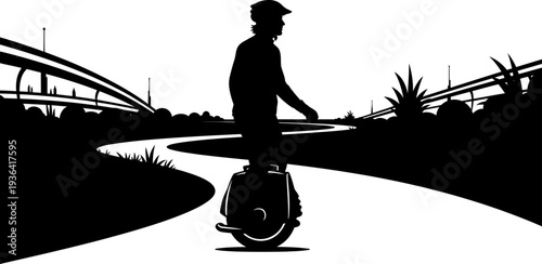 Commuter riding electric unicycle on winding park path silhouette