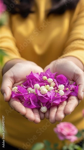 A traditional offering of vibrant bougainvillea and jasmine blossoms vertical video