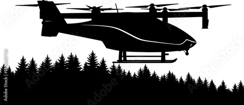 Electric vertical takeoff aircraft evtol flying over a coniferous forest