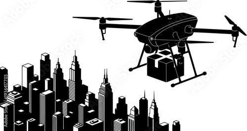 Delivery drone carrying package over city skyline